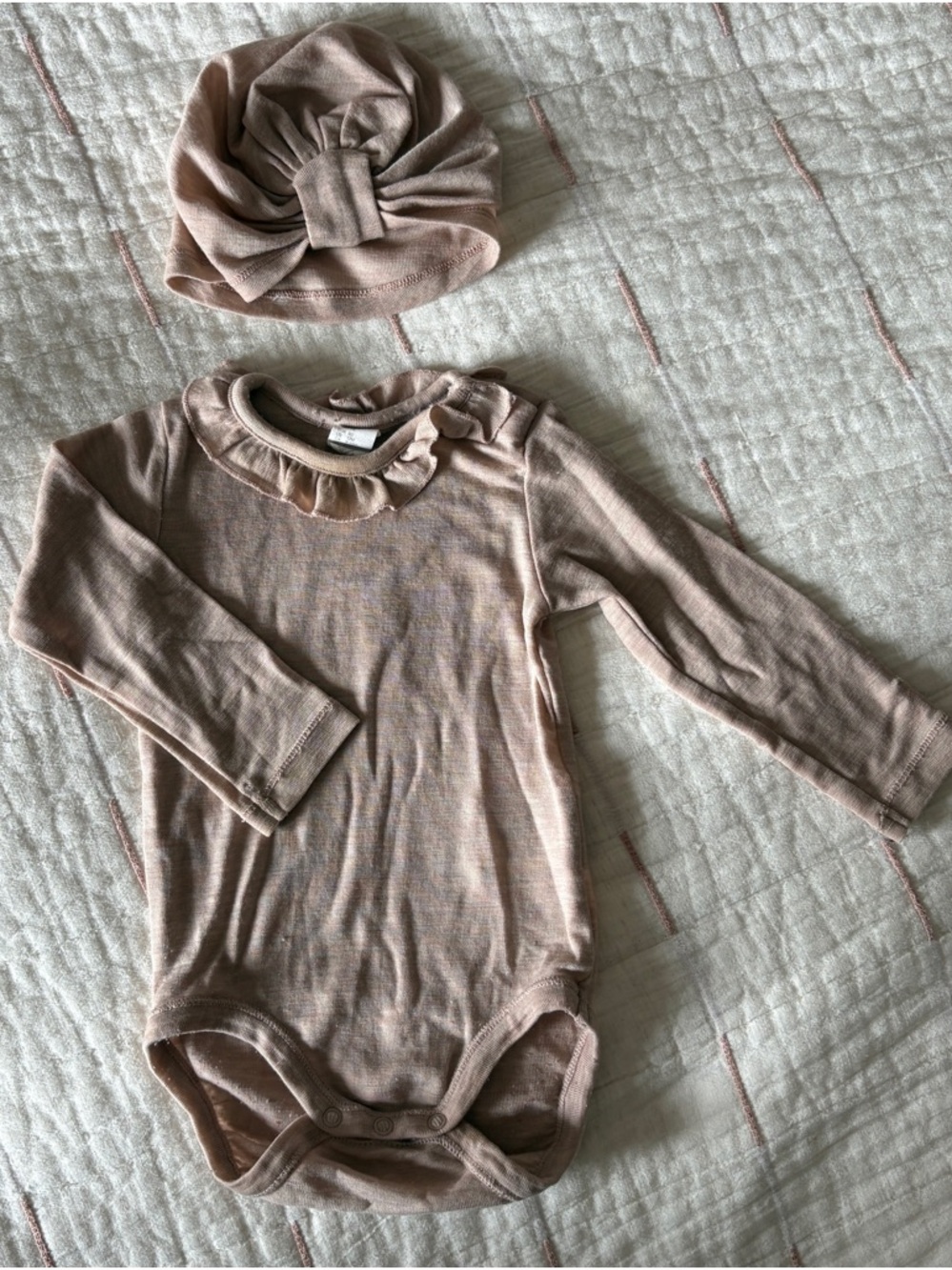 H & M Blush Pink Ruffle-Collar 100% Wool Long-Sleeve Onesie with Matching Hat